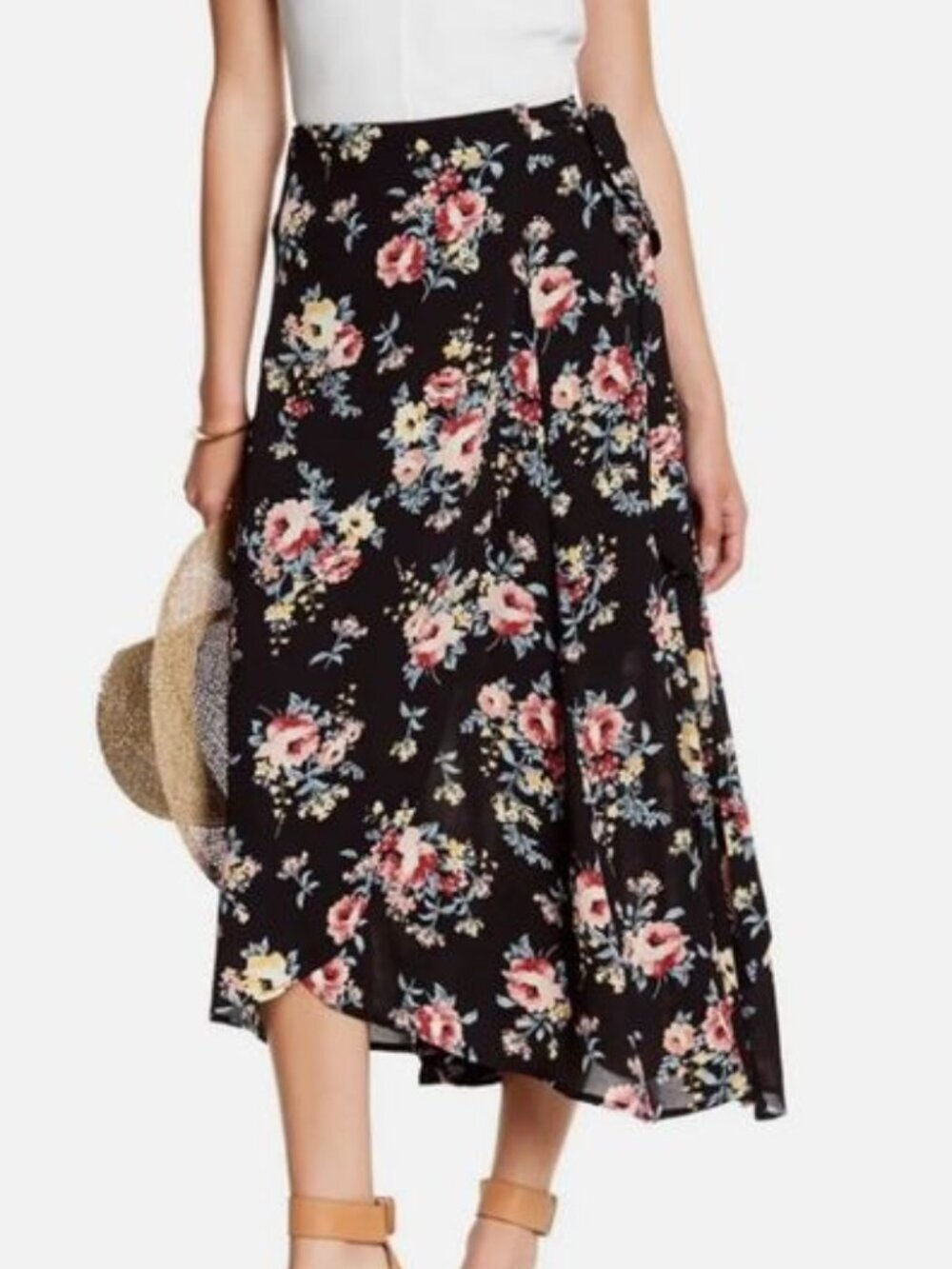 BOBEAU Black Pink Green Multi Floral Print Tie Bow Closure Midi True Wrap Skirt